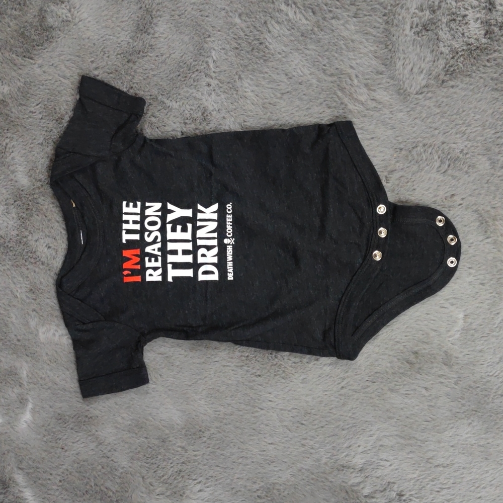 Death Wish coffee charcoal black Triblend onesie (6-12)